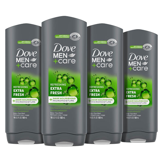 Dove Men+Care Body Wash Extra Fresh 4 Count for Men'S Skin Care Body Wash Effectively Washes Away Bacteria While Nourishing Your Skin 18 Oz