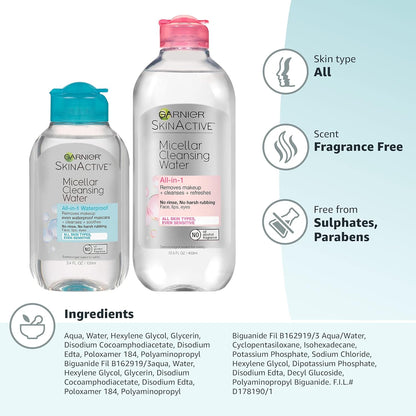 Micellar Cleansing Water, for All Skin Types, 13.5 Fl Oz + Micellar Cleansing Water, for Waterproof Makeup, 3.4 Fl Oz