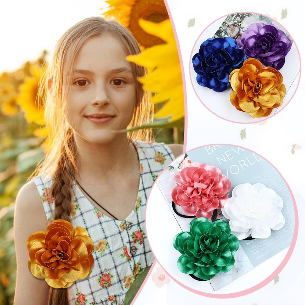 12 Pieces 10.5Cm/4.1" Big Flower Hair Ties Scrunchies Elastics Ponytail Holders Rubber Bands Hair Ropes Accessories for Women Girls Teens