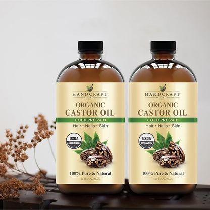 Cold-Pressed Organic Castor Oil in Glass Bottle - 16 Fl Oz - 100% Pure and Natural - Premium Grade Carrier Oil for Hair Growth, Eyelashes and Eyebrows - Hair and Body