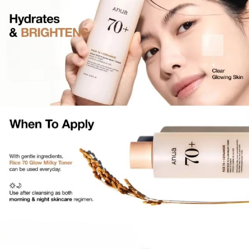 Anua Rice 70 Glowing Milky Toner Brightening Niacinamide Serum Toner Face Toner for Glass Skin Korean Skin Care Beauty Products