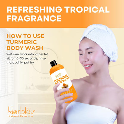 Turmeric Body Wash – Skin Brightening Turmeric Liquid Soap for Discoloration – Natural anti Aging Exfoliating Turmeric Body Wash for Spots, Acne, Sun Damage – Turmeric Soap Skincare