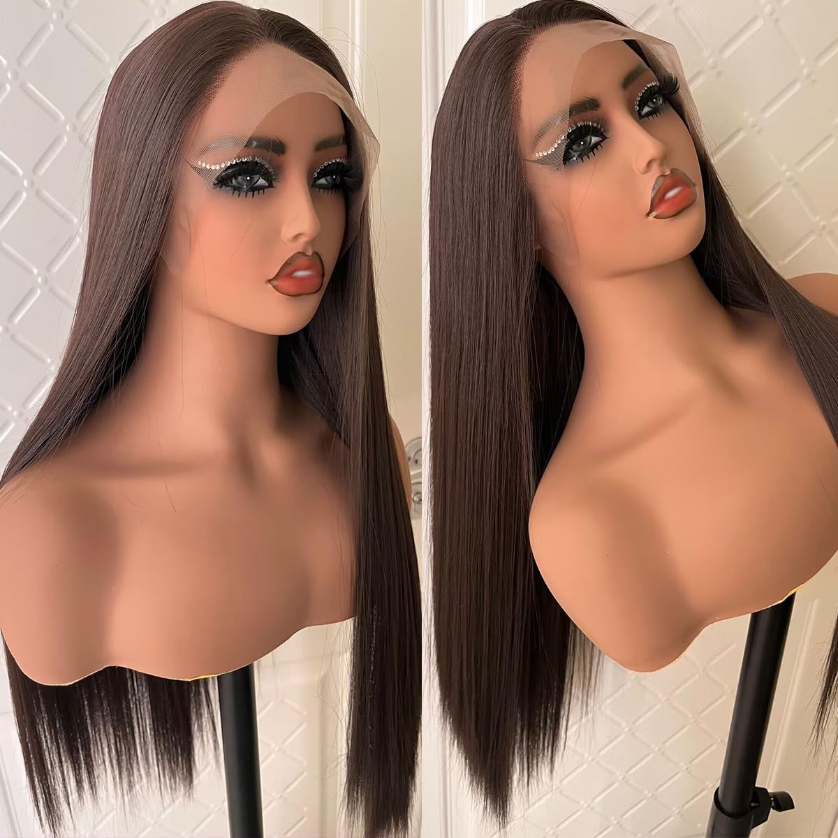 Synthetic Lace Front Auburn Wig Pre Plucked Dark Brown Glueless Wigs for Black Women Long Straight Wig with Natural Hairline 24Inch