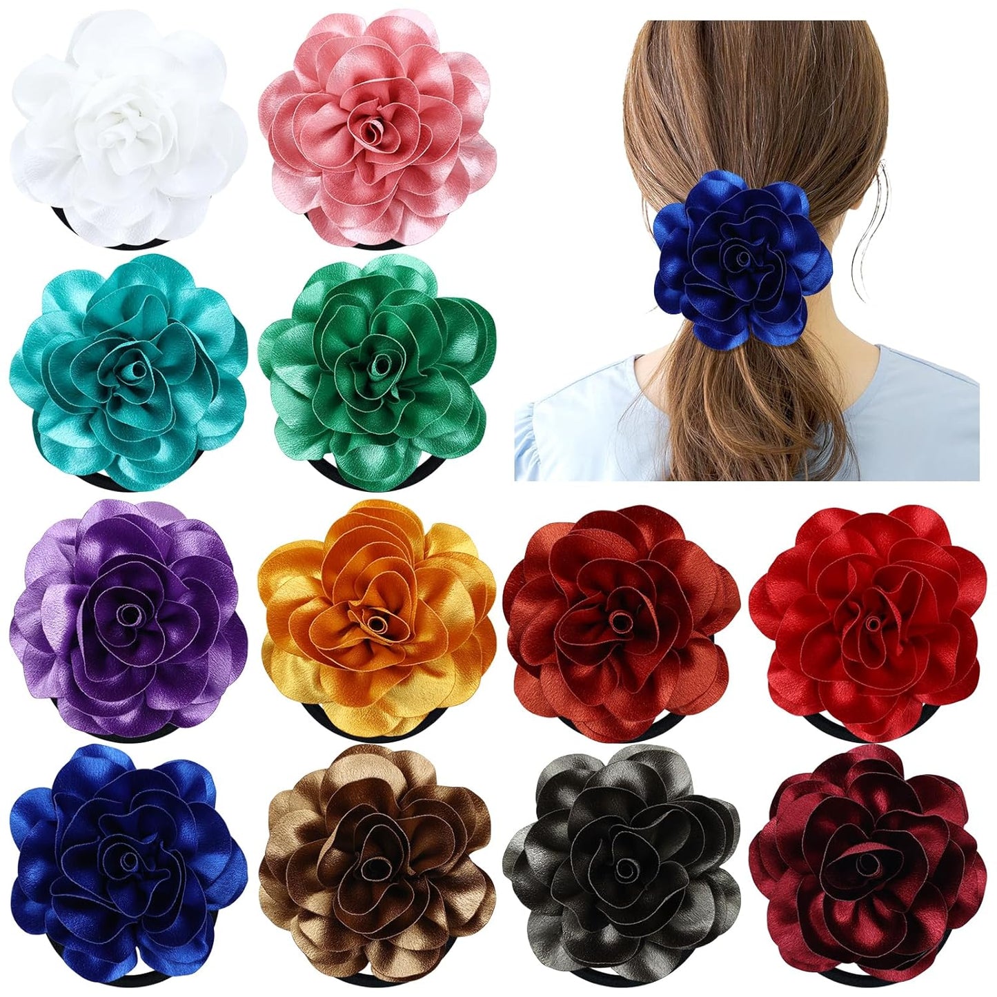 12 Pieces 10.5Cm/4.1" Big Flower Hair Ties Scrunchies Elastics Ponytail Holders Rubber Bands Hair Ropes Accessories for Women Girls Teens