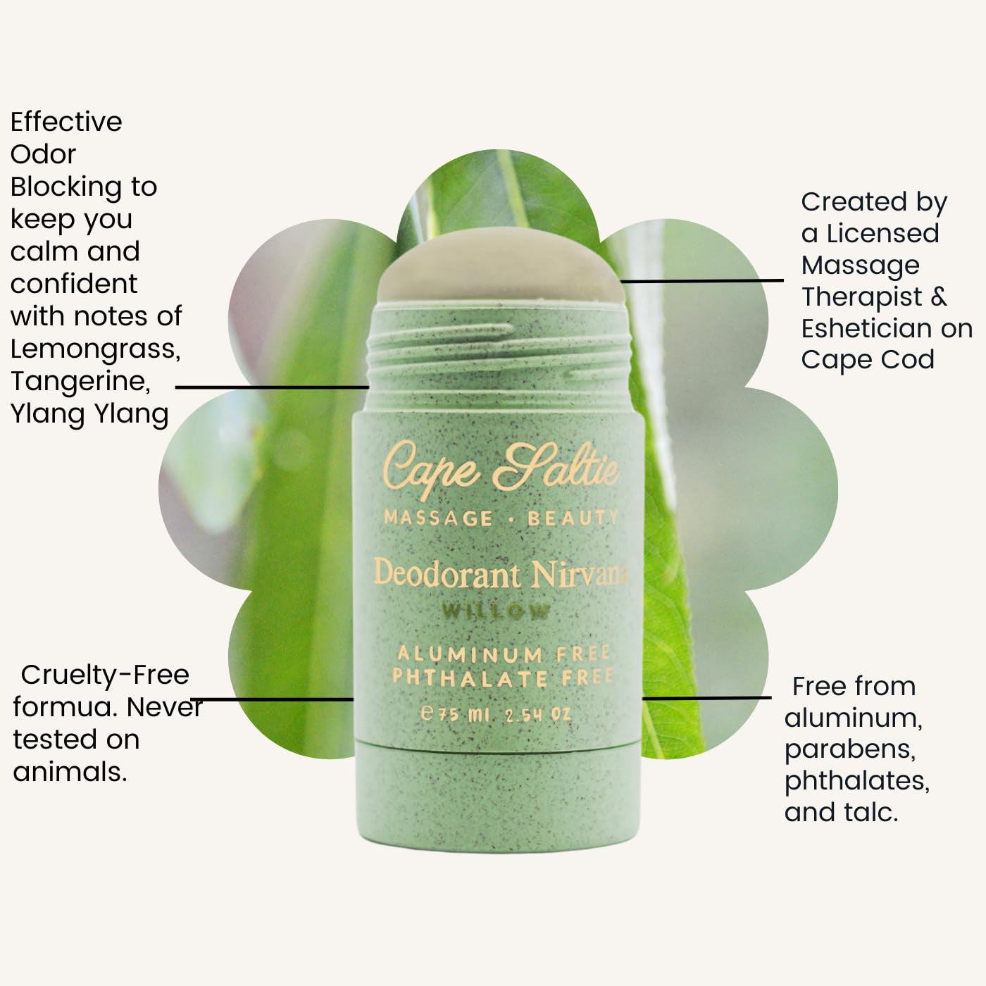 Cape Saltie · Massage Beauty Aluminum-Free, Vegan Deodorant Nirvana in "Willow" — Lemongrass, Lavender, Tangerine, Ylang Ylang (2.54 Oz) | Natural Deodorant for Women | Baking Soda Free