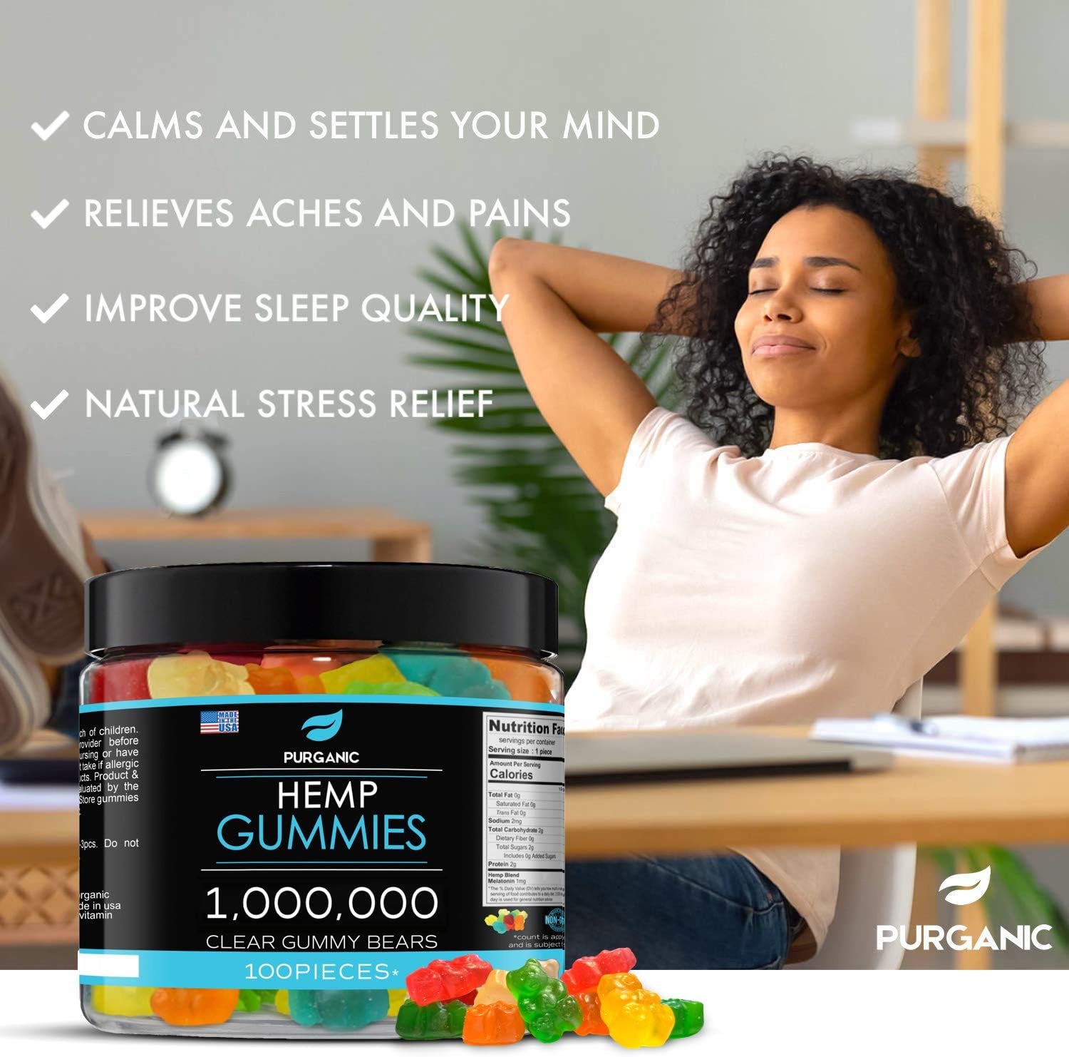 Gummies for Stress & Relaxation – 1M - Delicious Natural Fruit Flavors - Made in USA – Relaxing Gummies – 100Ct